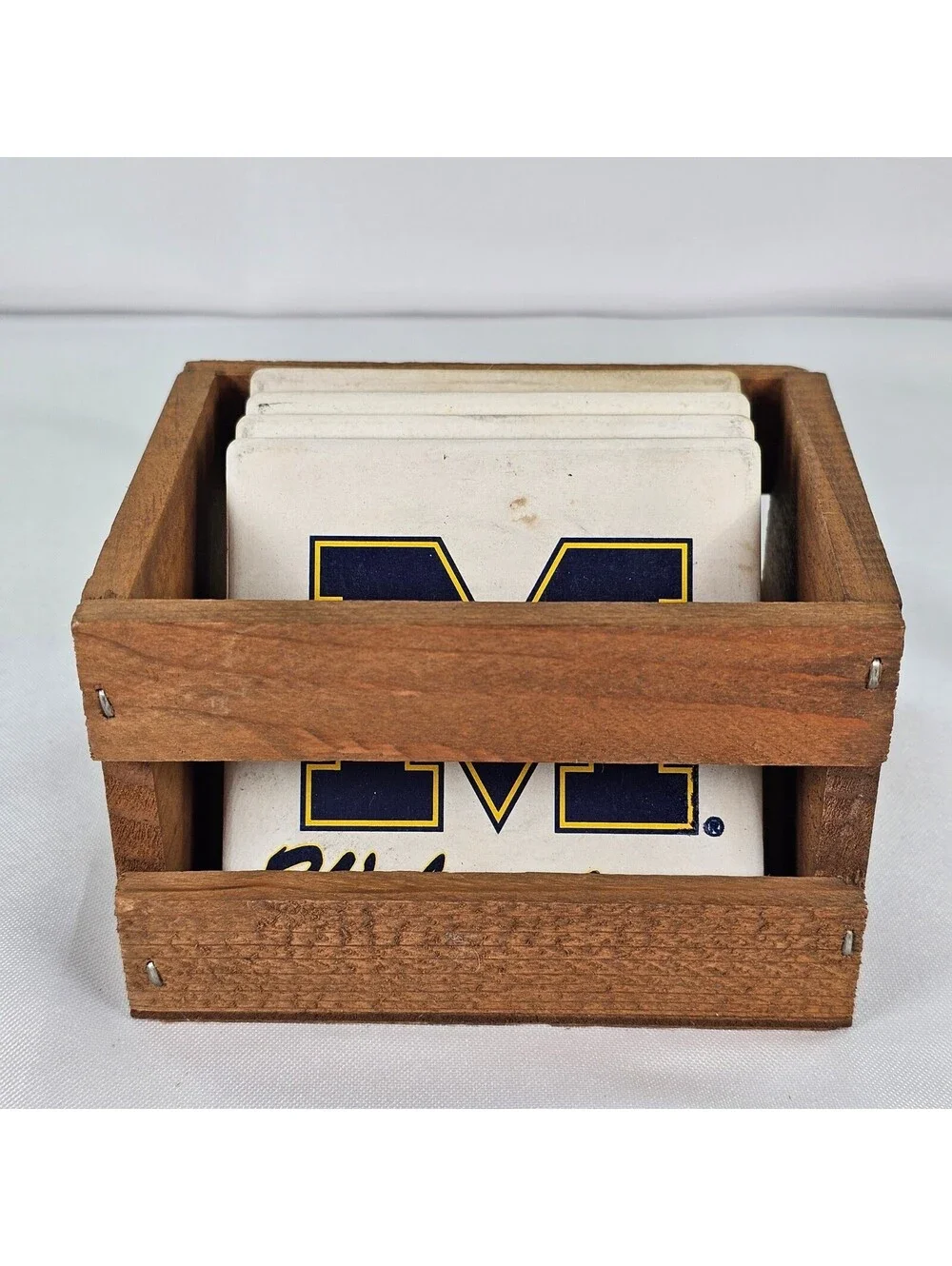 Vtg Michigan Wolverines Coaster Set of 4 w/ Rustic Wood Crate Holder Farm Fresh